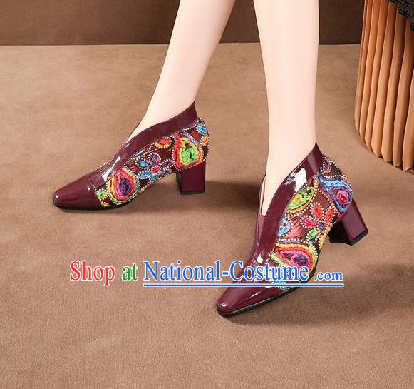 Traditional Chinese Embroidered Wine Red Leather Shoes National High Heel Shoes for Women