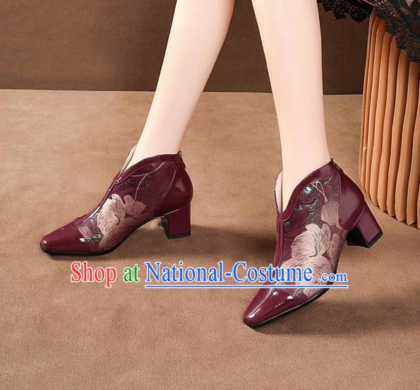 Traditional Chinese Printing Wine Red Leather Shoes National High Heel Shoes for Women