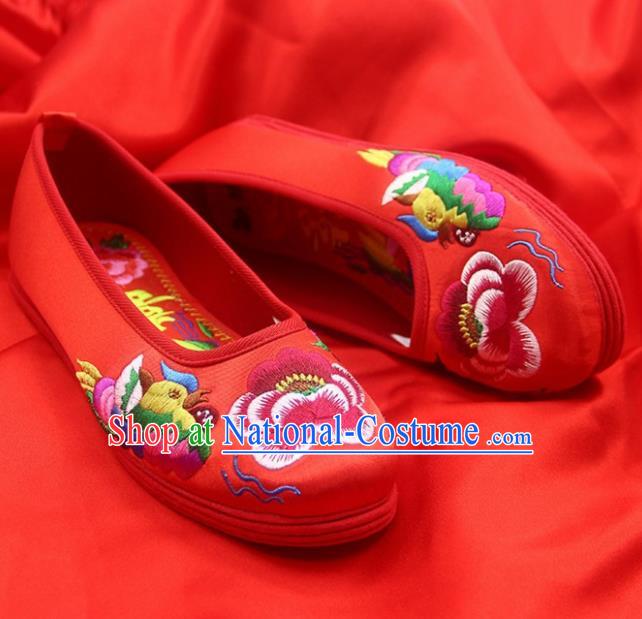 Traditional Chinese Handmade Embroidered Mandarin Duck Red Shoes Hanfu Wedding Shoes National Cloth Shoes for Women