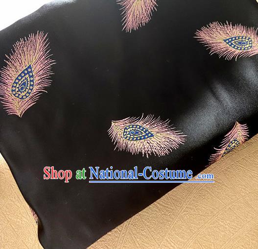 Asian Chinese Traditional Feather Pattern Design Black Brocade Cheongsam Fabric Silk Material