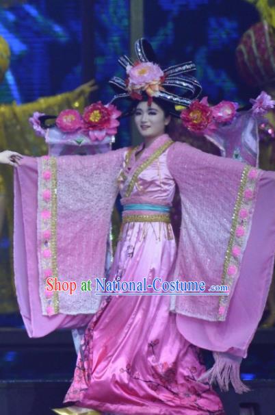 Chinese The Romantic Show of Sanya Dance Pink Dress Stage Performance Costume and Headpiece for Women