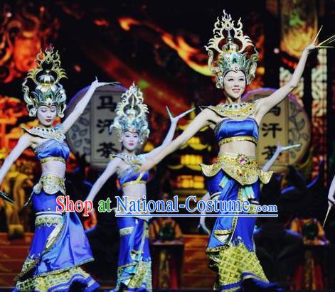 Chinese The Romantic Show of Lijiang Peacock Dance Blue Dress Stage Performance Costume and Headpiece for Women