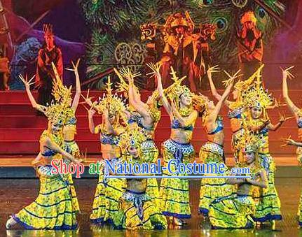 Chinese The Romantic Show of Lijiang Peacock Dance Yellow Dress Stage Performance Costume and Headpiece for Women