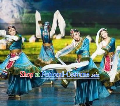 Chinese The Romantic Show of Lijiang Tibetan Dance Blue Dress Stage Performance Costume and Headpiece for Women