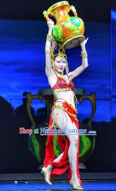 Chinese The Romantic Show of Lijiang Dance Red Dress Stage Performance Costume and Headpiece for Women