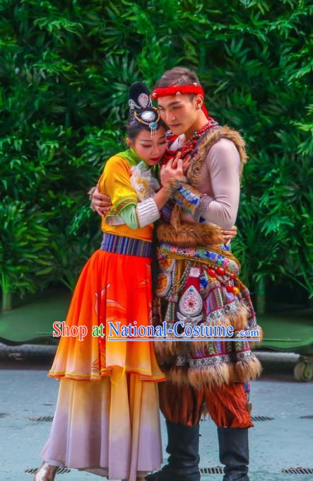 Chinese The Romantic Show of Lijiang Stage Performance Zhuang nationality Dance Costumes for Women for Men