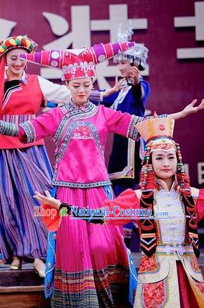 Chinese The Romantic Show of Lijiang Ethnic Nationality Dance Dress Stage Performance Costume and Headpiece for Women