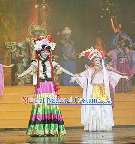 Chinese The Romantic Show of Lijiang Yi Ethnic Nationality Dance Dress Stage Performance Costume and Headpiece for Women