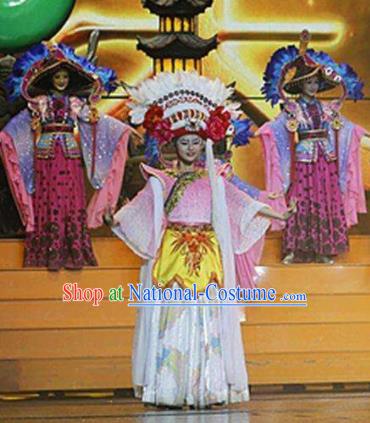 Chinese The Romantic Show of Lijiang Bai Ethnic Nationality Dance Dress Stage Performance Costume and Headpiece for Women