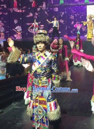 Chinese The Romantic Show of Lijiang Stage Performance Zang Ethnic Nationality Dance Costume for Men