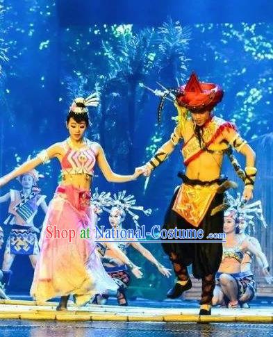 Chinese The Romantic Show of Sanya Stage Performance Dance Ethnic Costumes and Headpiece for Women for Men