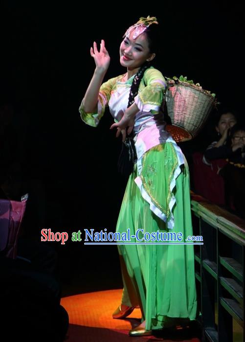 Chinese The Romantic Show of Songcheng West Lake Longjing Tea Dance Green Dress Stage Performance Costume for Women