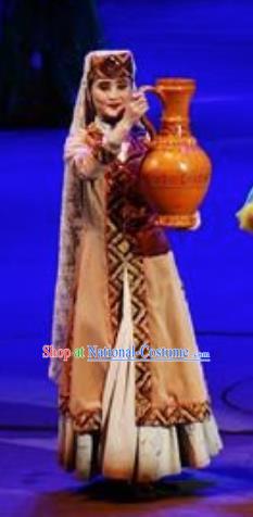 Chinese Back to the Silk Road Uyghur Nationality Dance Khaki Dress Stage Performance Ethnic Costume for Women