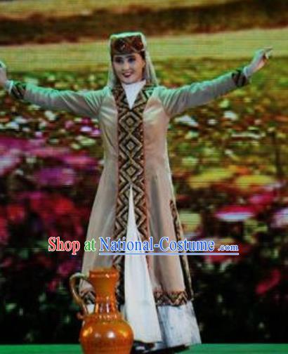 Chinese Back to the Silk Road Uyghur Nationality Dance Khaki Dress Stage Performance Ethnic Costume for Women