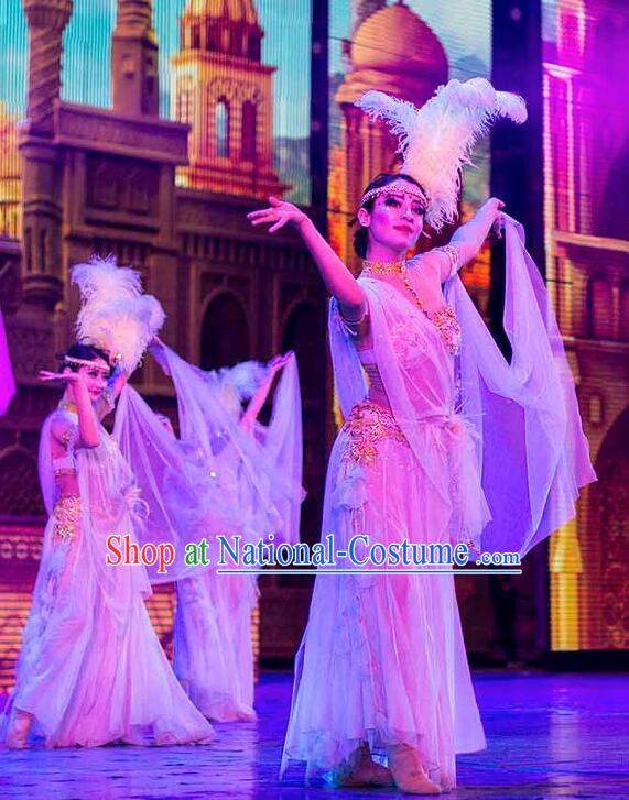 Chinese Back to the Silk Road Kazak Nationality Dance White Dress Stage Performance Ethnic Costume for Women