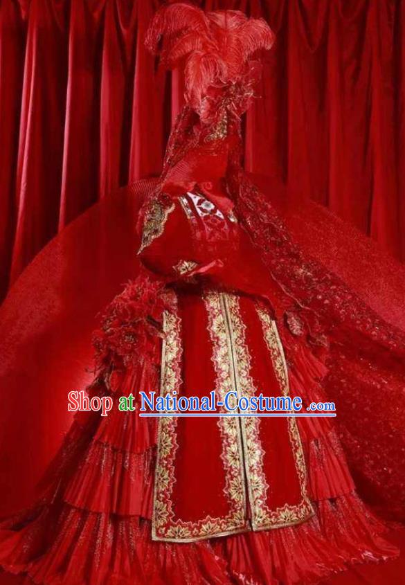 Chinese Back to the Silk Road Kazak Nationality Bride Dance Red Dress Stage Performance Ethnic Costume for Women