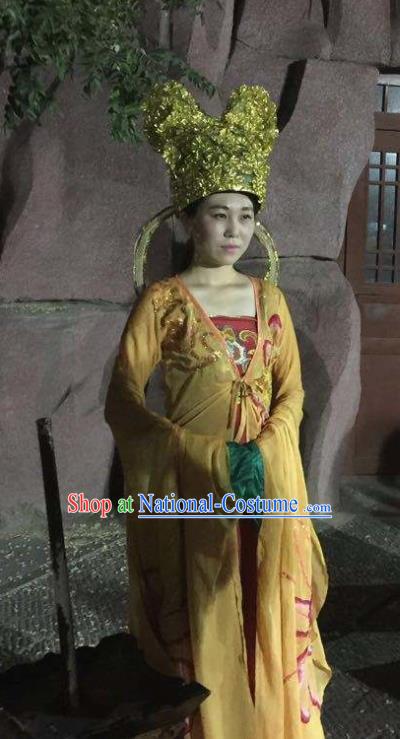 Chinese The Dream of Dongjing Song Dynasty Court Lady Dance Yellow Dress Stage Performance Costume and Hat for Women