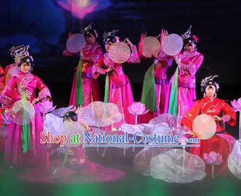 Chinese The Romantic Show of Huizhou Classical Dance Rosy Dress Stage Performance Costume and Headpiece for Women