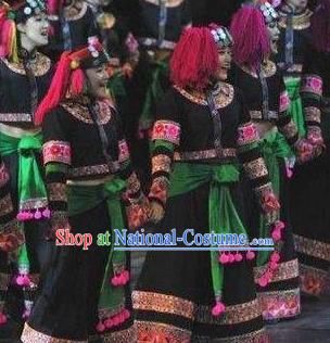 Chinese Dynamic Yunnan Yi Nationality Dance Black Dress Stage Performance Ethnic Costume for Women