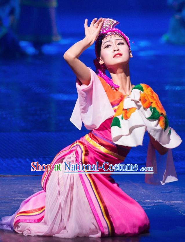 Chinese The Romantic Show of Jiuzhai Folk Dance Dress Stage Performance Costume and Headpiece for Women