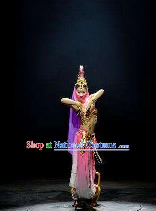 Chinese The Romantic Show of Jiuzhai Dance Pink Dress Stage Performance Costume and Headpiece for Women