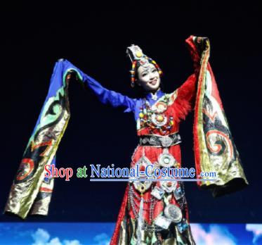 Chinese The Romantic Show of Jiuzhai Tibetan Nationality Dance Red Dress Stage Performance Costume and Headpiece for Women