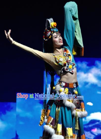 Chinese The Romantic Show of Jiuzhai Tibetan Nationality Dance Blue Dress Stage Performance Costume and Headpiece for Women