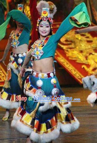 Chinese The Romantic Show of Jiuzhai Tibetan Nationality Dance Blue Dress Stage Performance Costume and Headpiece for Women