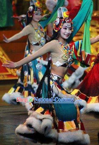 Chinese The Romantic Show of Jiuzhai Tibetan Nationality Dance Blue Dress Stage Performance Costume and Headpiece for Women