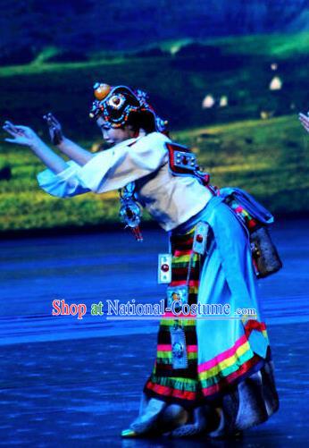 Chinese The Romantic Show of Jiuzhai Tibetan Nationality Dance Dress Stage Performance Costume and Headpiece for Women