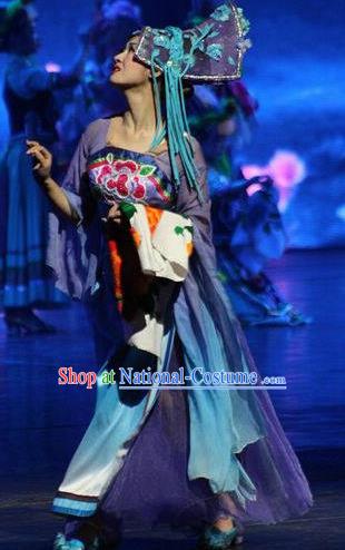 Chinese The Romantic Show of Jiuzhai Classical Dance Purple Dress Stage Performance Costume and Headpiece for Women