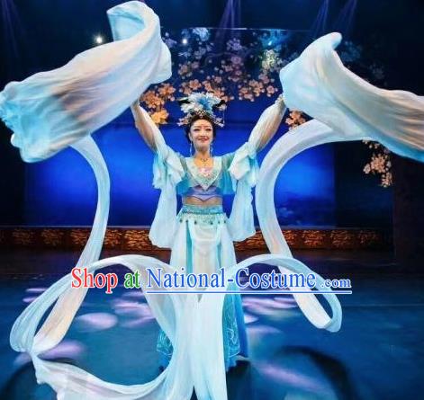 Chinese Chang An Impression Ancient Court Dance Blue Long Ribbon Dress Stage Performance Costume and Headpiece for Women