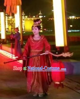 Chinese Chang An Impression Ancient Court Lady Dance Red Dress Stage Performance Costume and Headpiece for Women