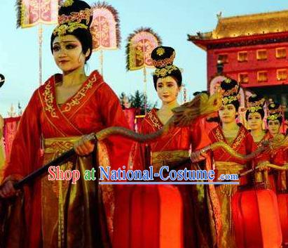 Chinese Chang An Impression Ancient Court Lady Dance Red Dress Stage Performance Costume and Headpiece for Women