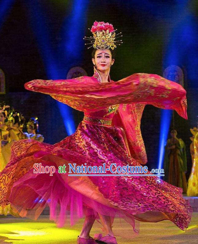 Chinese Chang An Impression Ancient Court Queen Dance Rosy Dress Stage Performance Costume and Headpiece for Women