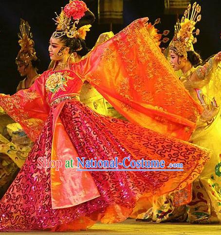 Chinese Chang An Impression Ancient Court Queen Dance Rosy Dress Stage Performance Costume and Headpiece for Women