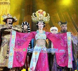 Chinese Chang An Impression Ancient Court Queen Dance Purple Dress Stage Performance Costume and Headpiece for Women