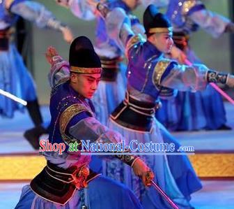 Chinese Chang An Impression Ancient Tang Dynasty Swordsman Stage Performance Blue Costume for Men