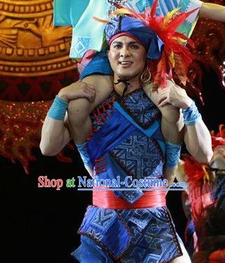 Chinese The Ship Legend of Huashan Zhuang Nationality Blue Clothing Stage Performance Dance Costume for Men