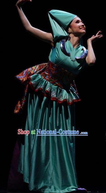 Chinese The Ship Legend of Huashan Zhuang Nationality Dance Green Dress Stage Performance Costume and Headpiece for Women