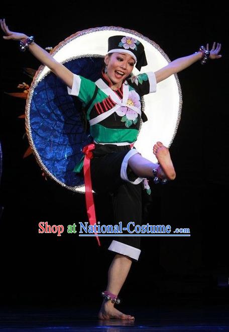 Chinese The Ship Legend of Huashan Zhuang Nationality Dance Black Outfits Stage Performance Costume and Headpiece for Women