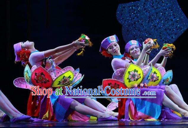 Chinese The Ship Legend of Huashan Zhuang Nationality Dance Purple Dress Stage Performance Costume and Headpiece for Women