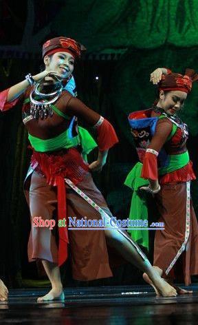 Chinese The Ship Legend of Huashan Zhuang Nationality Dance Brown Dress Stage Performance Costume and Headpiece for Women