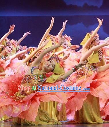 Chinese The Ship Legend of Huashan Zhuang Nationality Dance Pink Dress Stage Performance Costume and Headpiece for Women