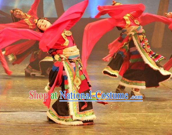 Chinese Impression Tibetan Zang Nationality Red Water Sleeve Dance Dress Stage Performance Costume and Headpiece for Women