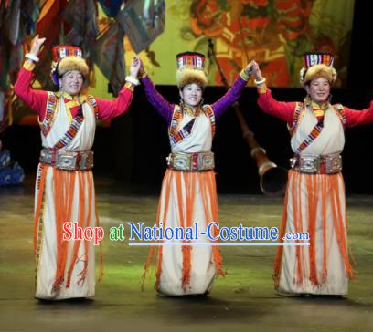 Chinese Impression Tibetan Zang Nationality Dance White Dress Stage Performance Costume and Headpiece for Women