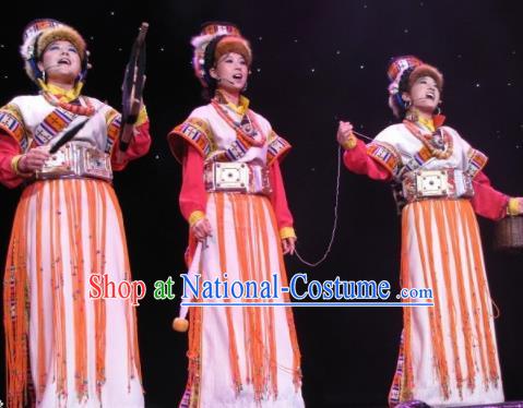 Chinese Impression Tibetan Zang Nationality Dance White Dress Stage Performance Costume and Headpiece for Women