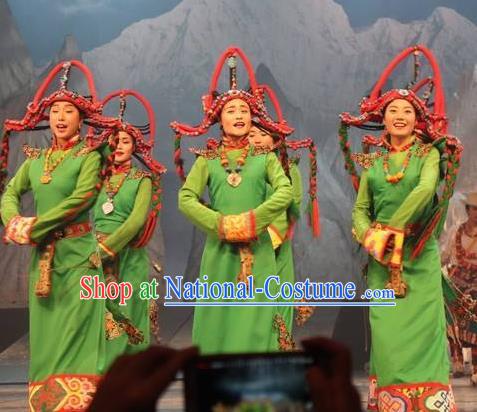 Chinese Impression Tibetan Zang Nationality Dance Green Robe Stage Performance Costume and Headpiece for Women