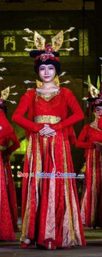 Chinese Chang An Impression Ancient Tang Dynasty Classical Dance Red Dress Stage Performance Costume and Headpiece for Women