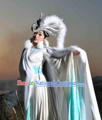 Chinese The Love Story Of A Woodman And A Fairy Fox Folk Dance White Dress Stage Performance Costume for Women